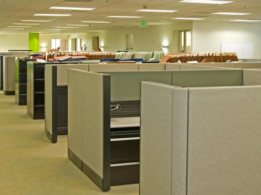 Some cubicles have a limited level of privacy, but there is still open space.