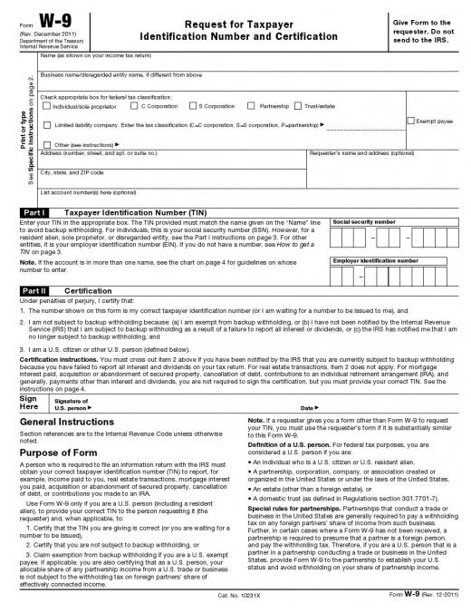 A W-9 form, a type of tax form filed for freelance and contract employees.